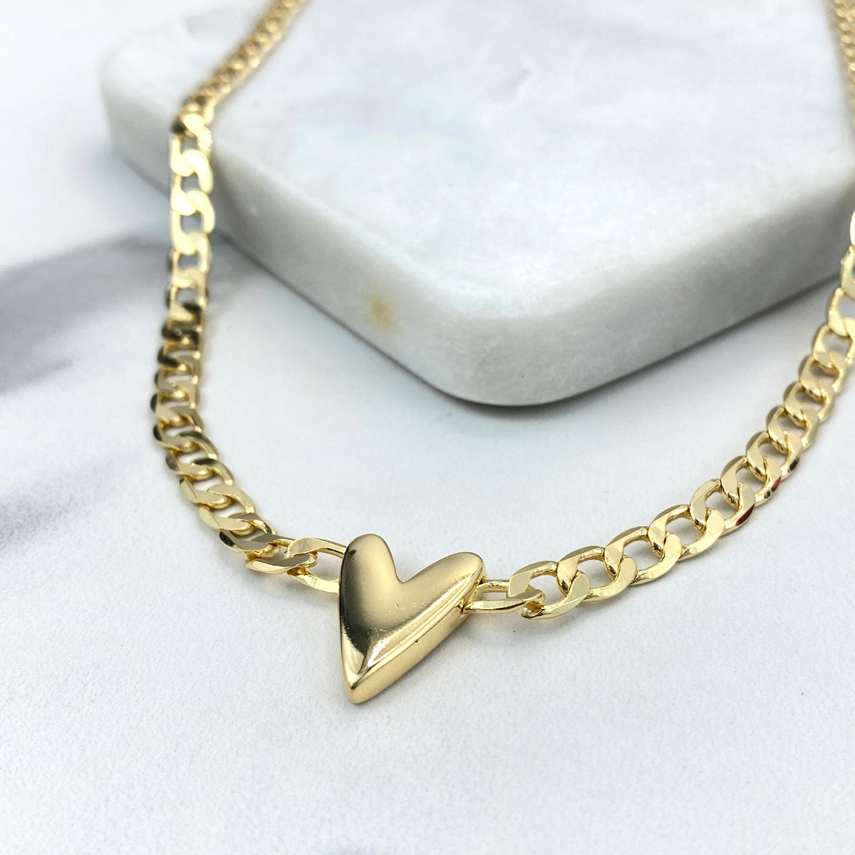 18k Gold Filled 5mm Flat Curb Link Chain Necklace with V-Heart Charm on Center, 18 Inches + Extender, Wholesale Jewelry