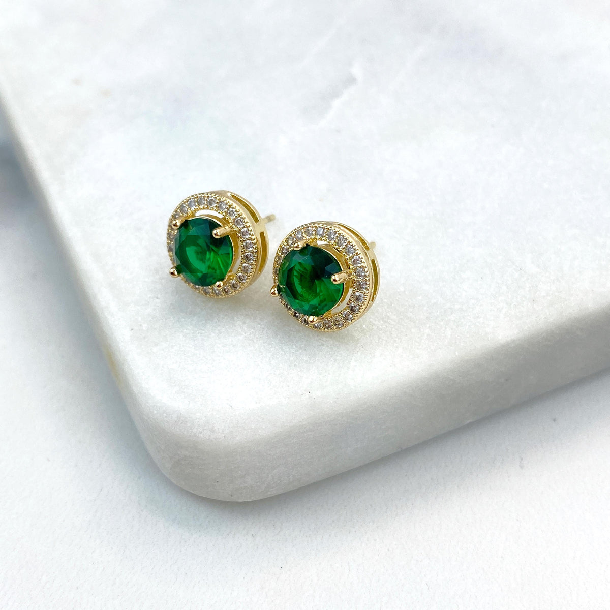 18k Gold Filled Halo Circle Stud Earrings featuring Green Cubic Zirconia and White Micro Pave, Elegant and Timeless, Wholesale Jewelry