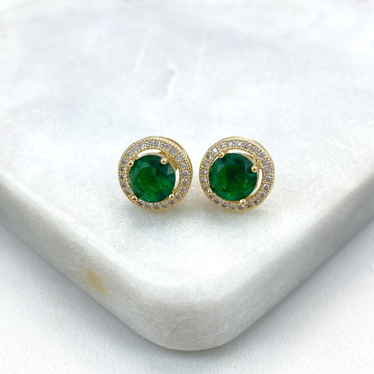 18k Gold Filled Halo Circle Stud Earrings featuring Green Cubic Zirconia and White Micro Pave, Elegant and Timeless, Wholesale Jewelry