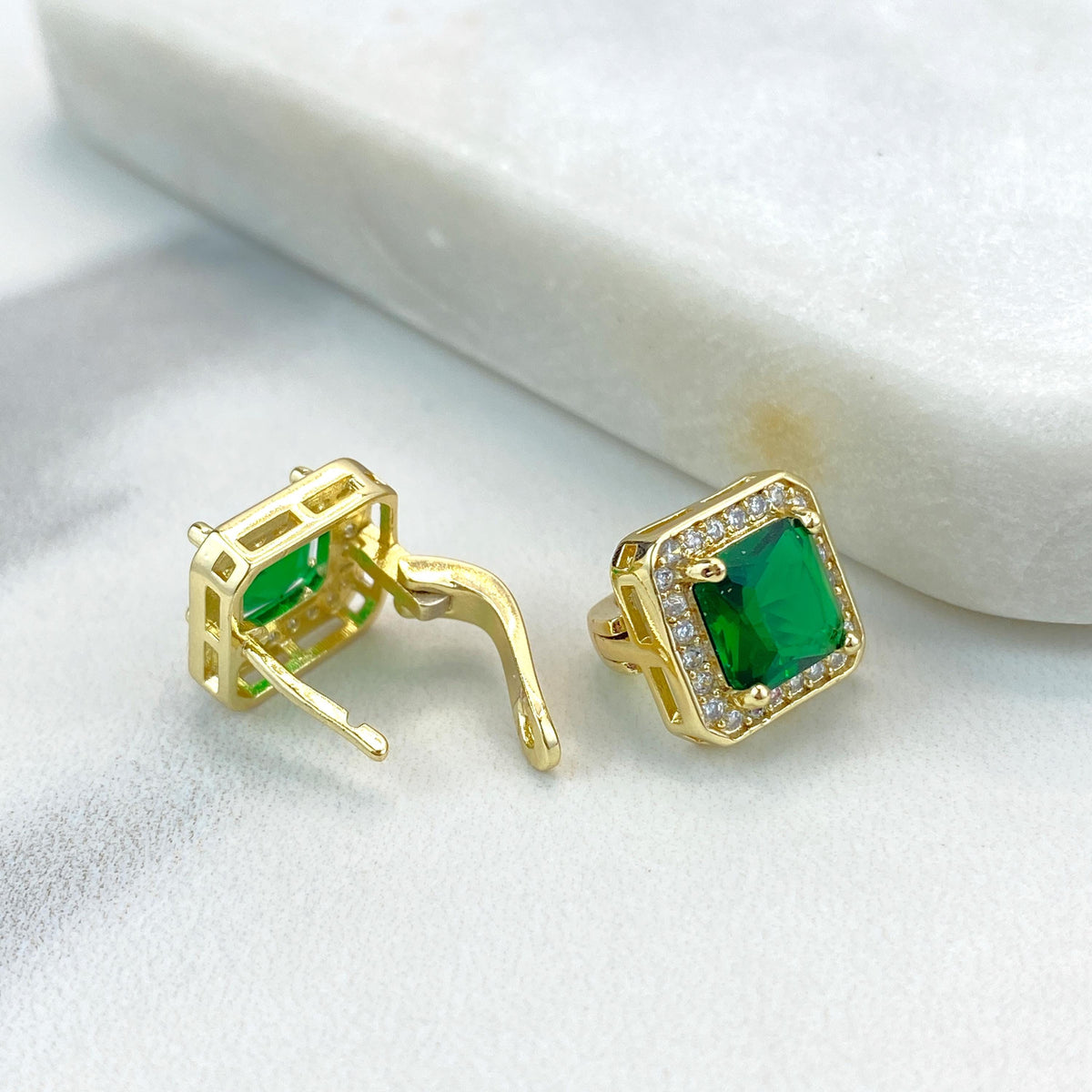 18k Gold Filled Halo Square Leverback Earrings featuring Green Cubic Zirconia and White Micro Pave, Elegant and Timeless, Wholesale Jewelry