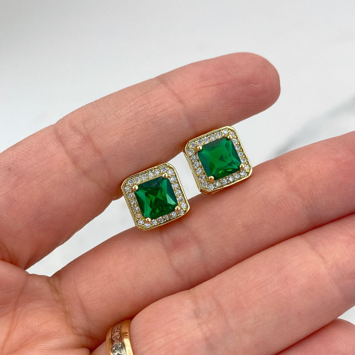 18k Gold Filled Halo Square Leverback Earrings featuring Green Cubic Zirconia and White Micro Pave, Elegant and Timeless, Wholesale Jewelry
