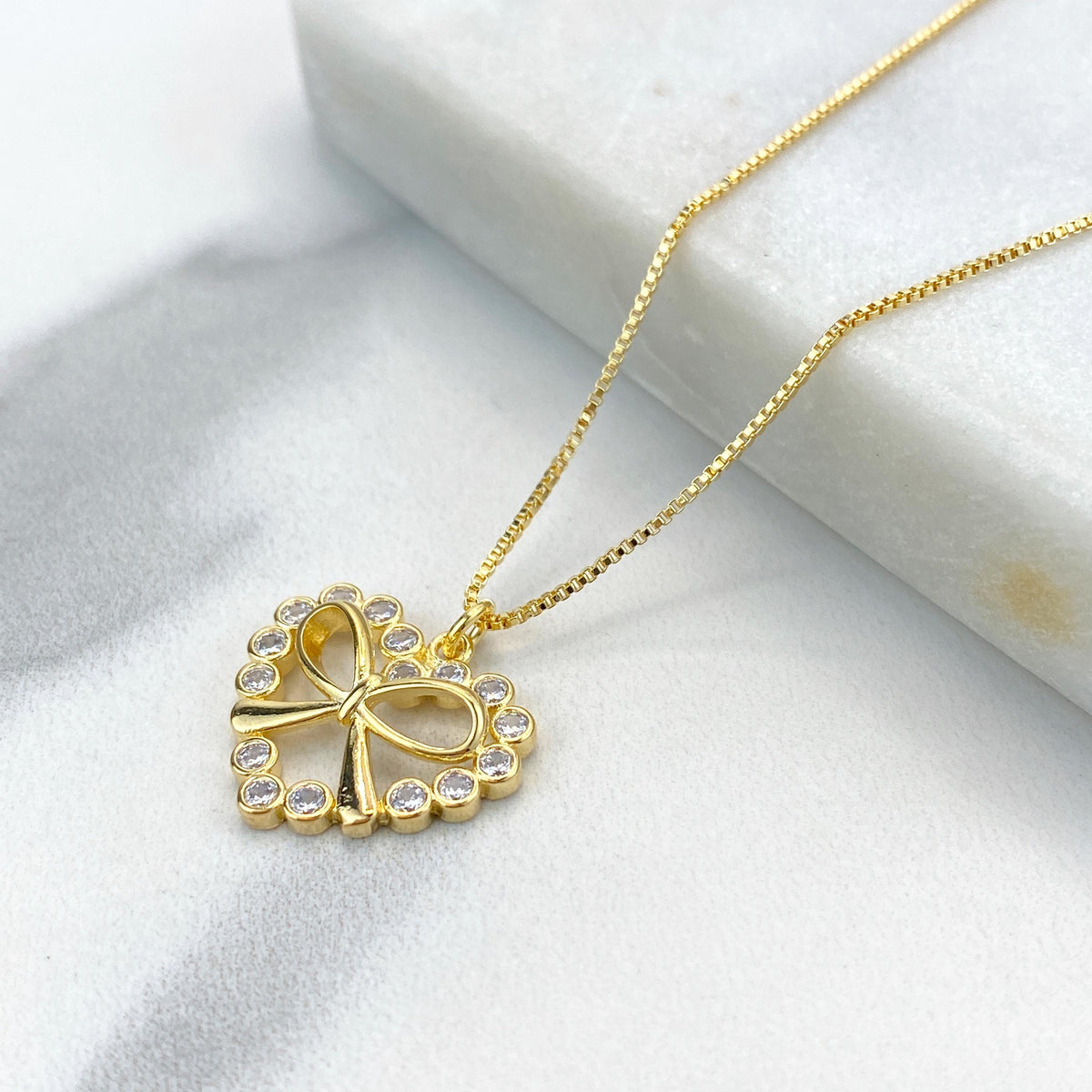 18k Gold Filled Box Chain Necklace with Heart Shape & Ribbon Knot Charm featuring Cubic Zirconia, 17 Inches + Extender, Wholesale Jewelry