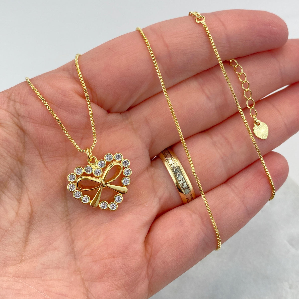 18k Gold Filled Box Chain Necklace with Heart Shape & Ribbon Knot Charm featuring Cubic Zirconia, 17 Inches + Extender, Wholesale Jewelry