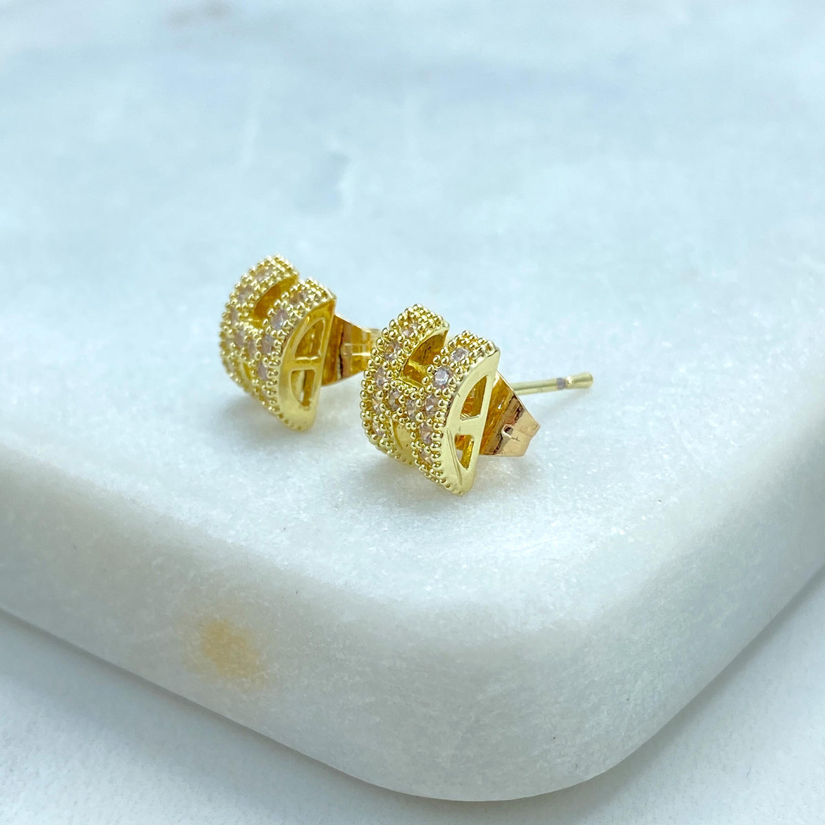 18k Gold Filled H-Shaped Stud Earrings with Cubic Zirconia, Minimalist H-Shaped Cubic Zirconia Earrings in Gold, Jewelry at Wholesale Price