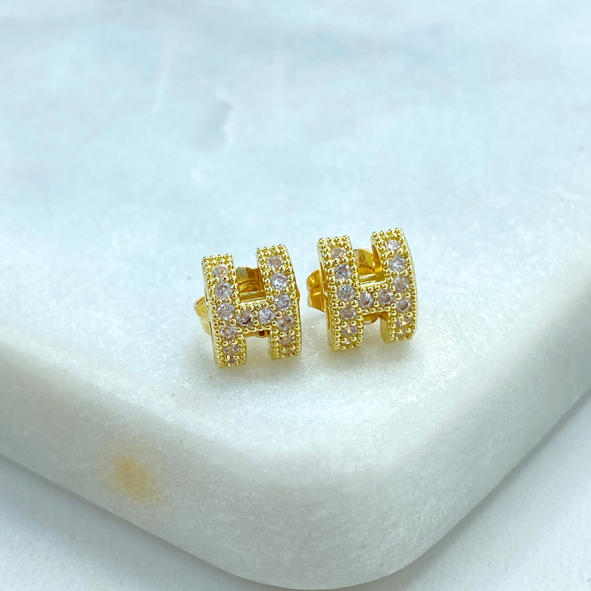 18k Gold Filled H-Shaped Stud Earrings with Cubic Zirconia, Minimalist H-Shaped Cubic Zirconia Earrings in Gold, Jewelry at Wholesale Price
