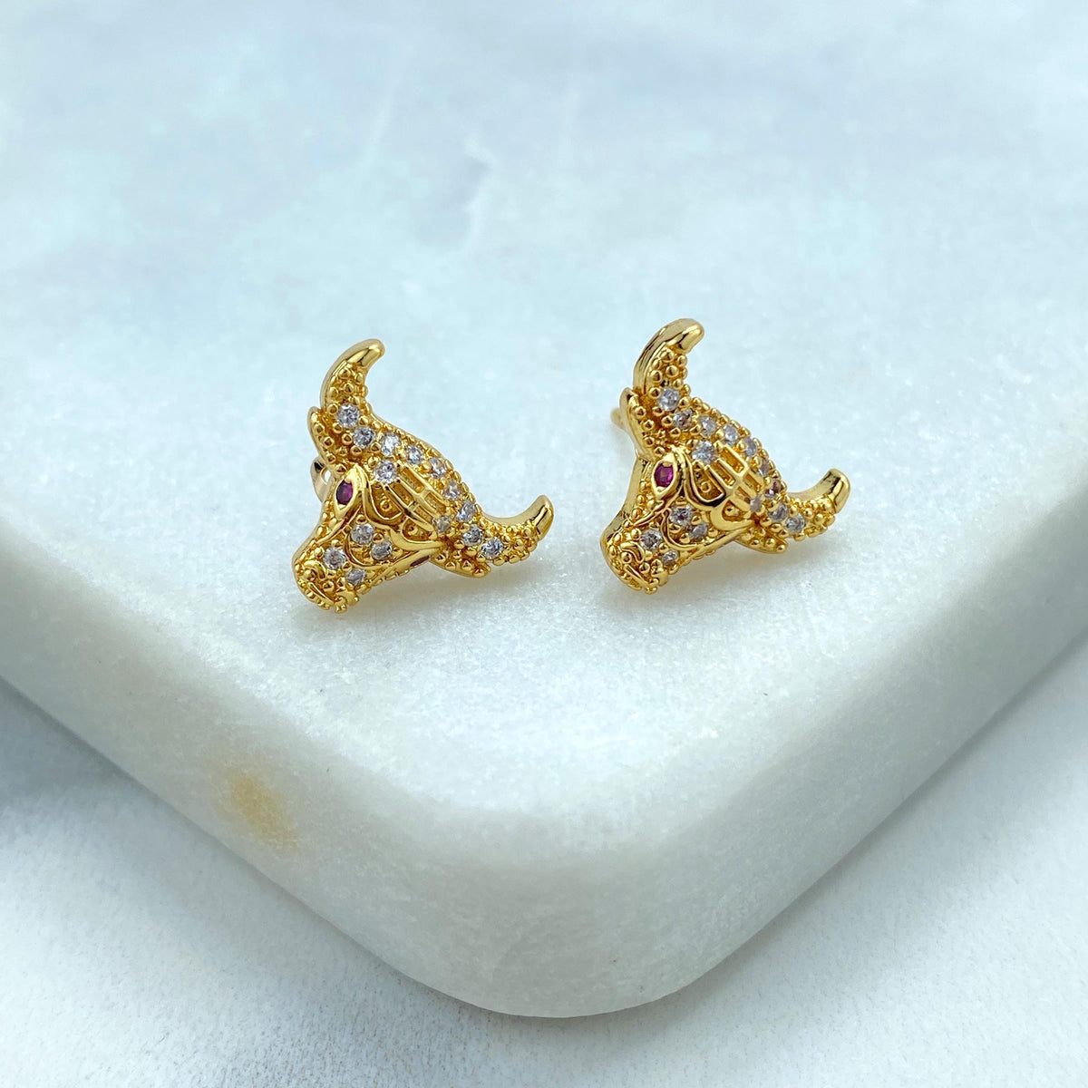 18k Gold Filled Small Head Bull Stud Earrings with Cubic Zirconia, Taurus Zodiac Sign Small Earrings with Cubic Zirconia, Wholesale Jewelry