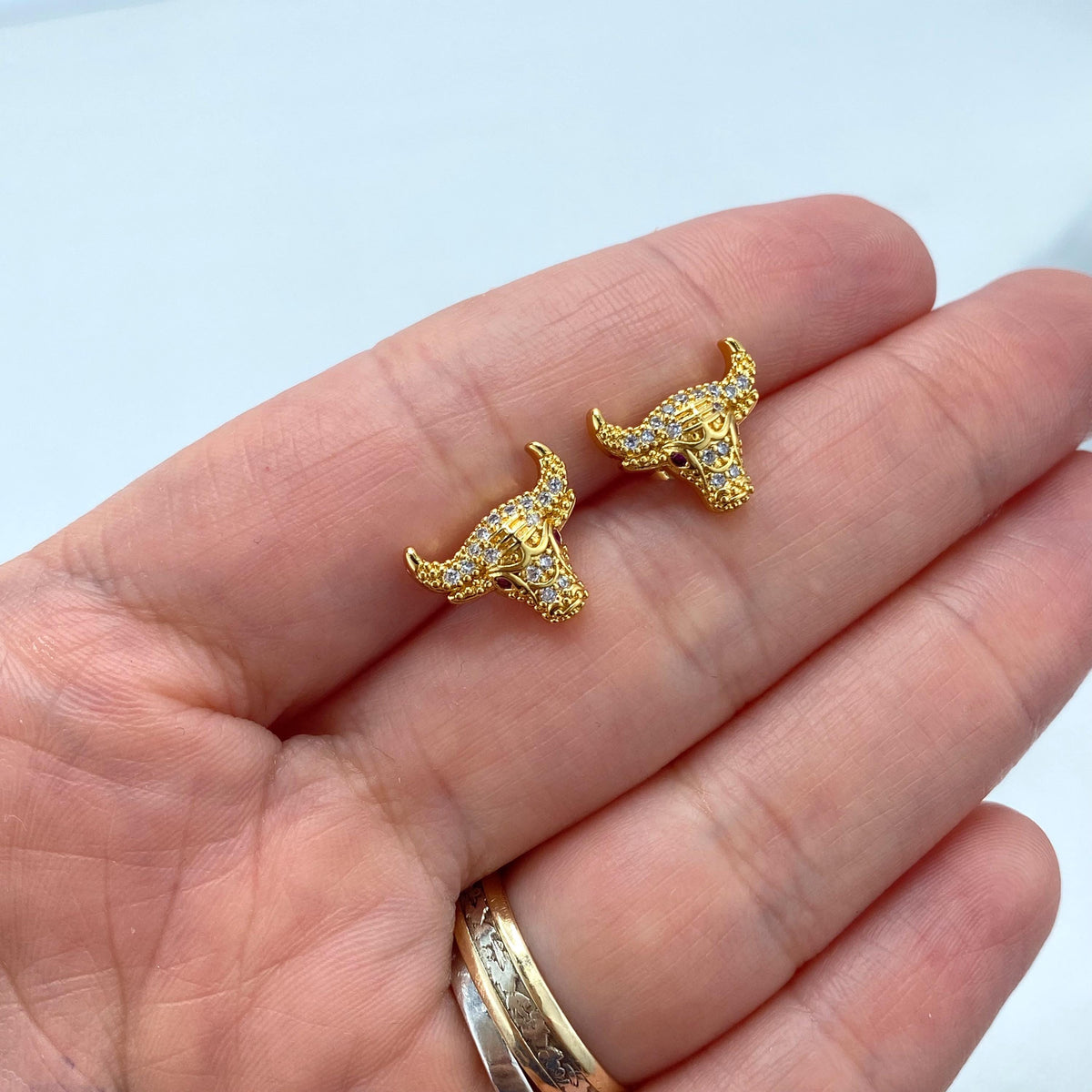 18k Gold Filled Small Head Bull Stud Earrings with Cubic Zirconia, Taurus Zodiac Sign Small Earrings with Cubic Zirconia, Wholesale Jewelry