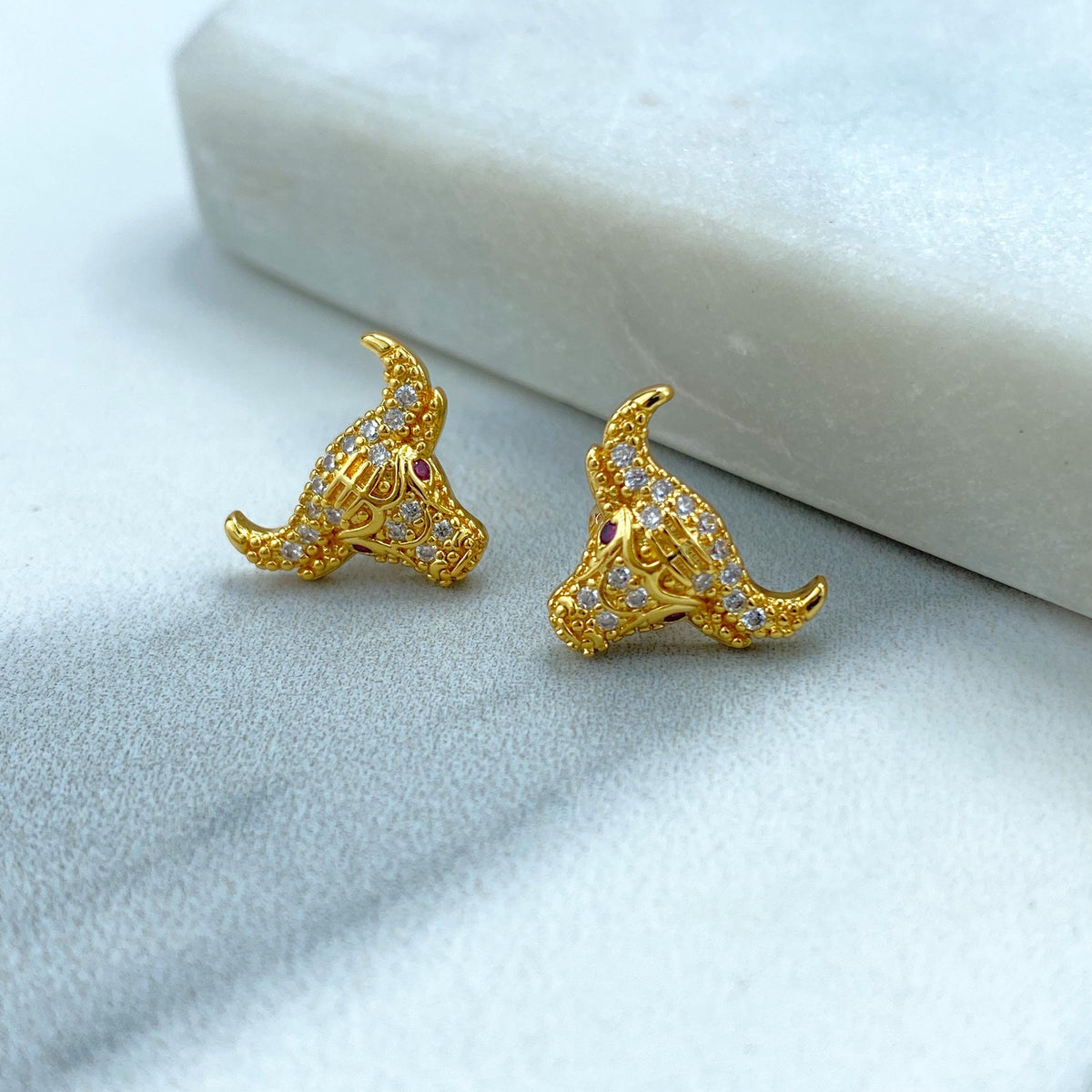18k Gold Filled Small Head Bull Stud Earrings with Cubic Zirconia, Taurus Zodiac Sign Small Earrings with Cubic Zirconia, Wholesale Jewelry