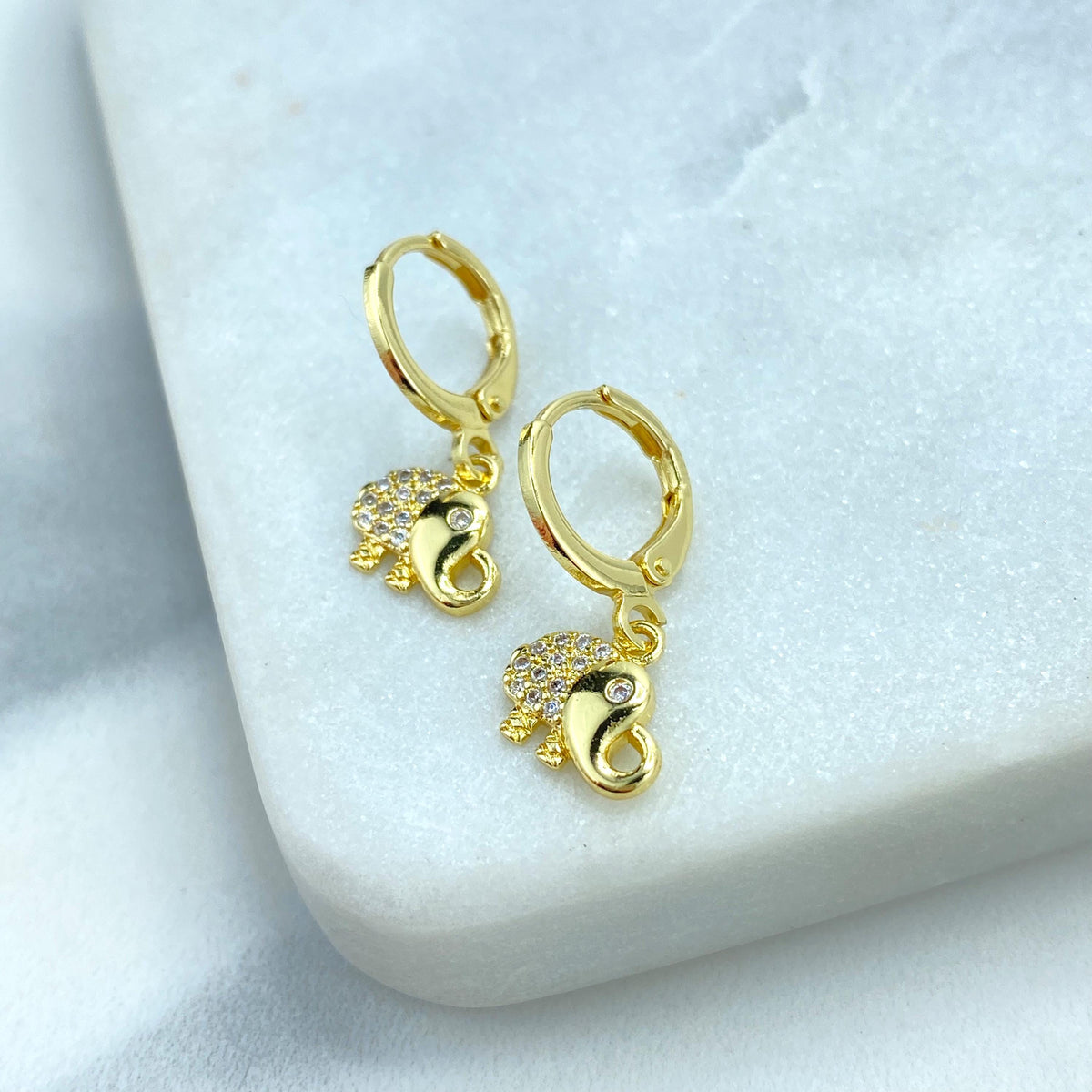18k Gold Filled Huggie Earrings with Elephants Chams, Elephant Cubic Zirconia Huggie Earrings, Elephant Charm Gold Earrings with Zirconia