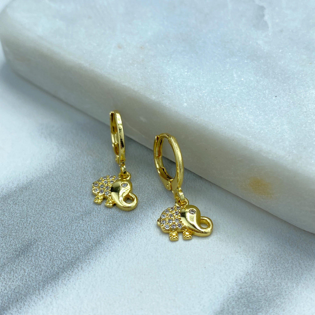 18k Gold Filled Huggie Earrings with Elephants Chams, Elephant Cubic Zirconia Huggie Earrings, Elephant Charm Gold Earrings with Zirconia