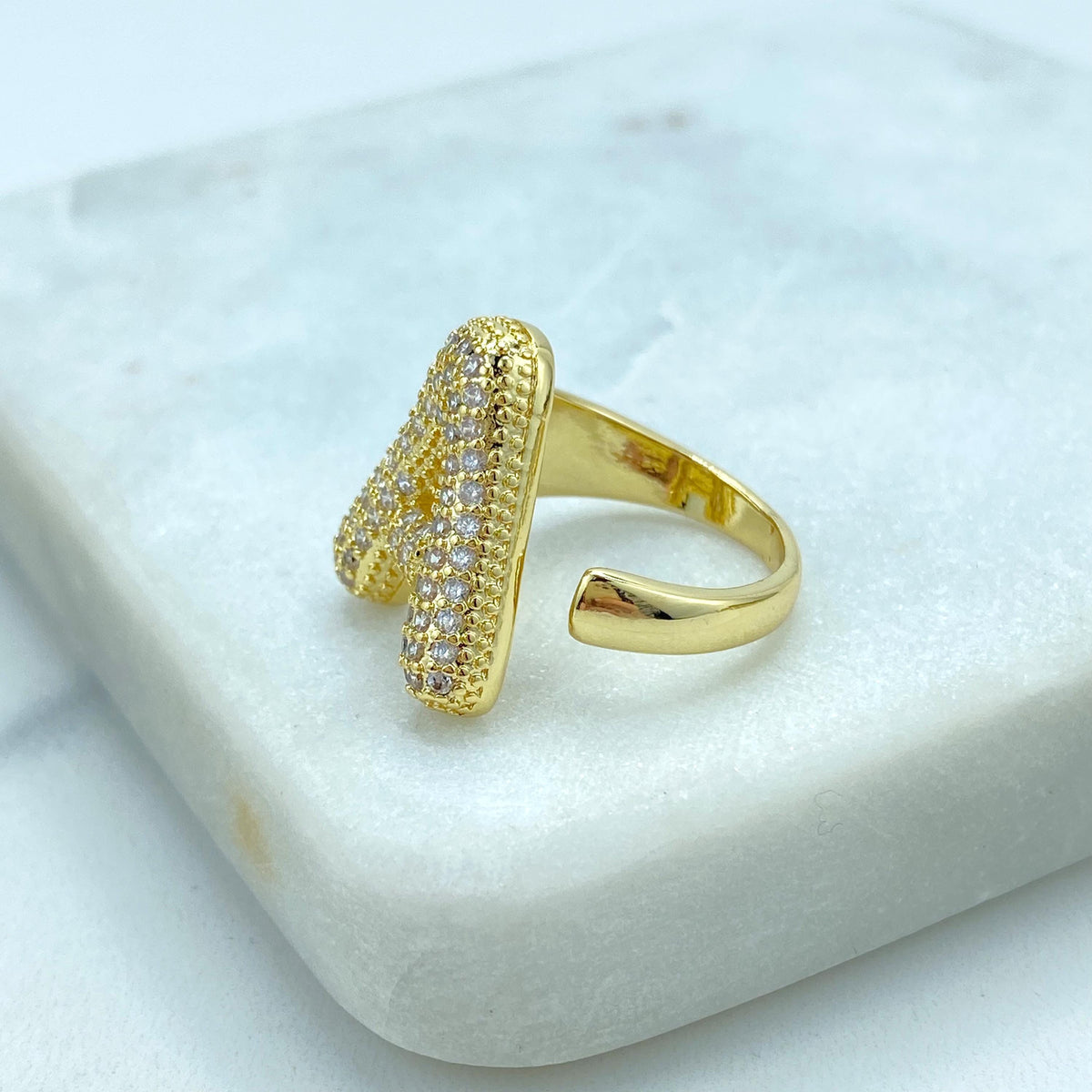 18k Gold Filled Chunky Ballon Letter Ring, Initial Ring for Women, Cubic Zirconia Initial Rings, Adjustable Gold Puffy Initial Ring