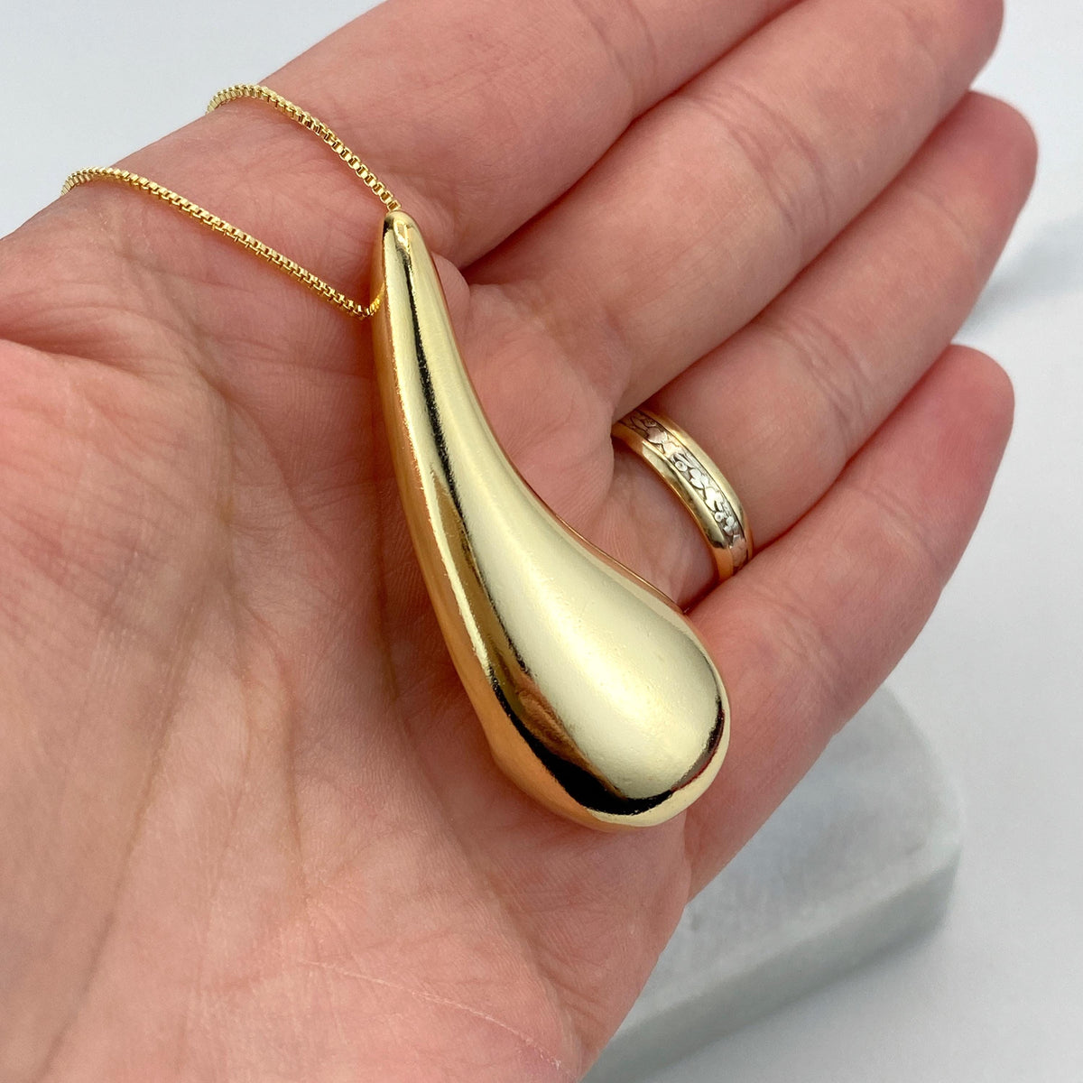 18k Gold Filled 49mm Teardrop Charm Necklace, with 18 Inches Box Chain, Chunky Drop Shape Necklace, Wholesale Jewelry