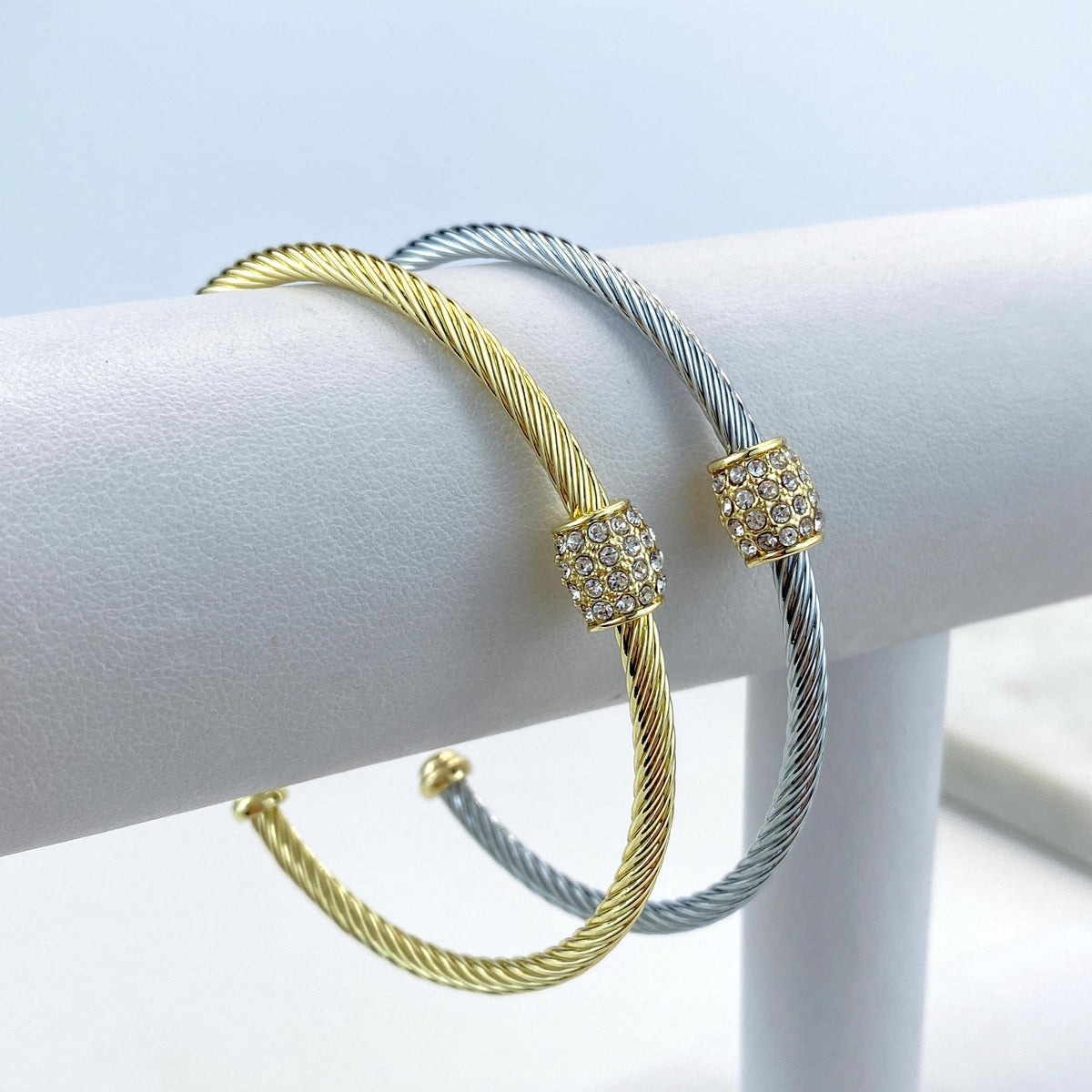 18k Gold Filled or Silver Filled Cable Cuff Bracelets with Charm featuring Micro Pave Cubic Zirconia, Adjustable Bracelet, Wholesale Jewelry