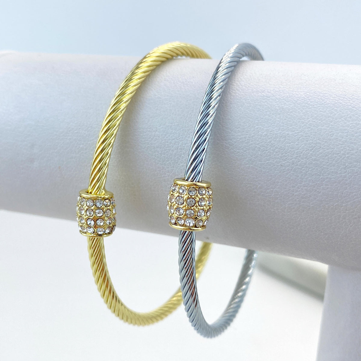 18k Gold Filled or Silver Filled Cable Cuff Bracelets with Charm featuring Micro Pave Cubic Zirconia, Adjustable Bracelet, Wholesale Jewelry