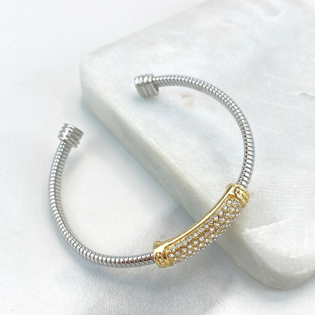 18k Gold Filled and Silver Filled Cable Cuff Bracelets, Lines, Cubic Zirconia Large Charms, Double Cubic Zirconia Charm, Wholesale Jewelry