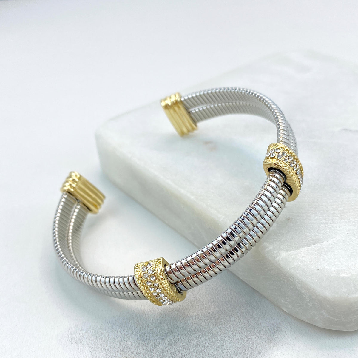 18k Gold Filled and Silver Filled Cable Cuff Bracelets, Lines, Cubic Zirconia Large Charms, Double Cubic Zirconia Charm, Wholesale Jewelry