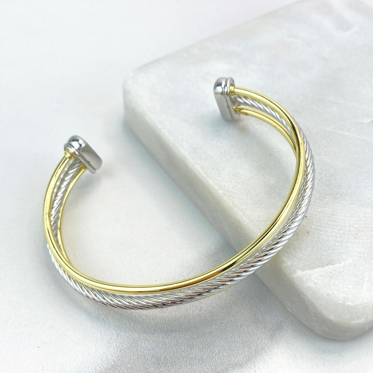 18k Gold Filled and Silver Filled Cable Cuff Bracelets, Lines, Cubic Zirconia Large Charms, Double Cubic Zirconia Charm, Wholesale Jewelry