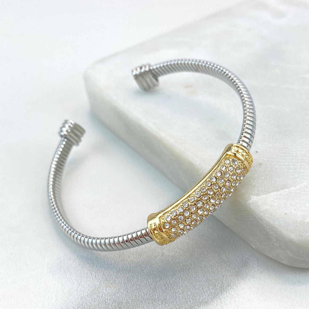18k Gold Filled and Silver Filled Cable Cuff Bracelets, Lines, Cubic Zirconia Large Charms, Double Cubic Zirconia Charm, Wholesale Jewelry