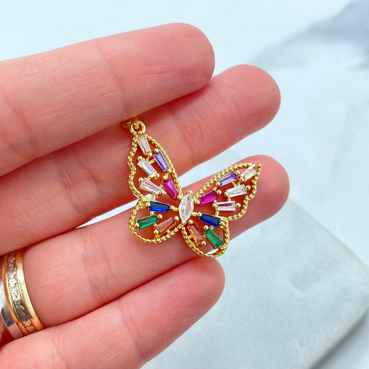 18k Gold Filled Multicolor Cubic Zirconia Butterfly Charm, DIY Butterfly Pendant with Side Bail Wing, Wholesale Jewelry