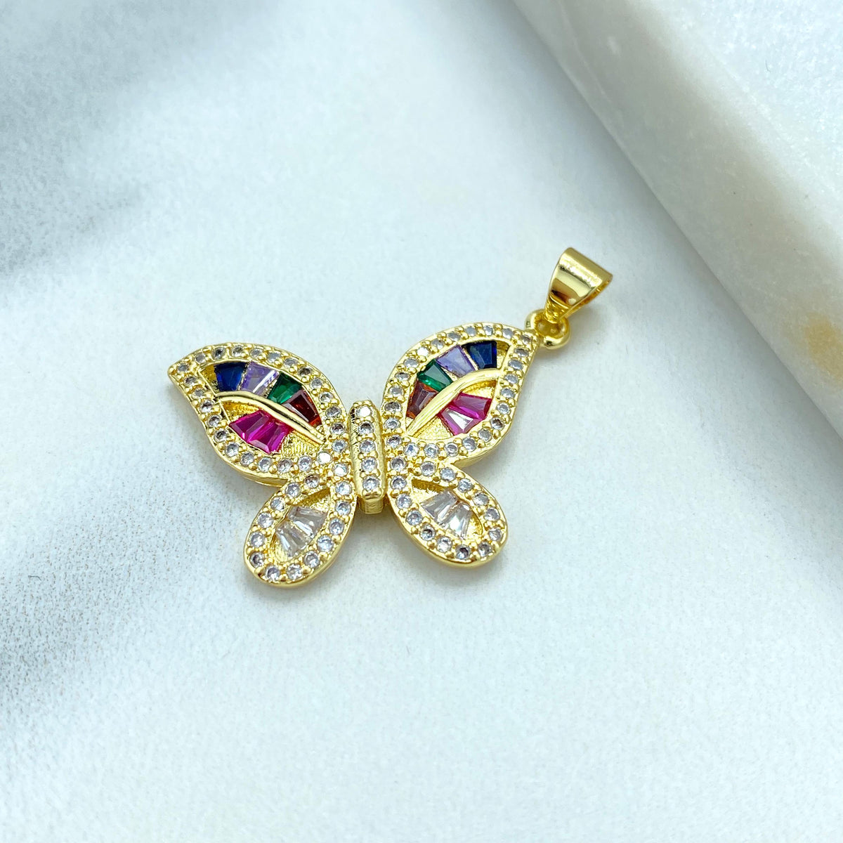 18k Gold Filled Multicolor Cubic Zirconia Butterfly Charm, DIY Butterfly Pendant with Side Bail Wing, Wholesale Jewelry