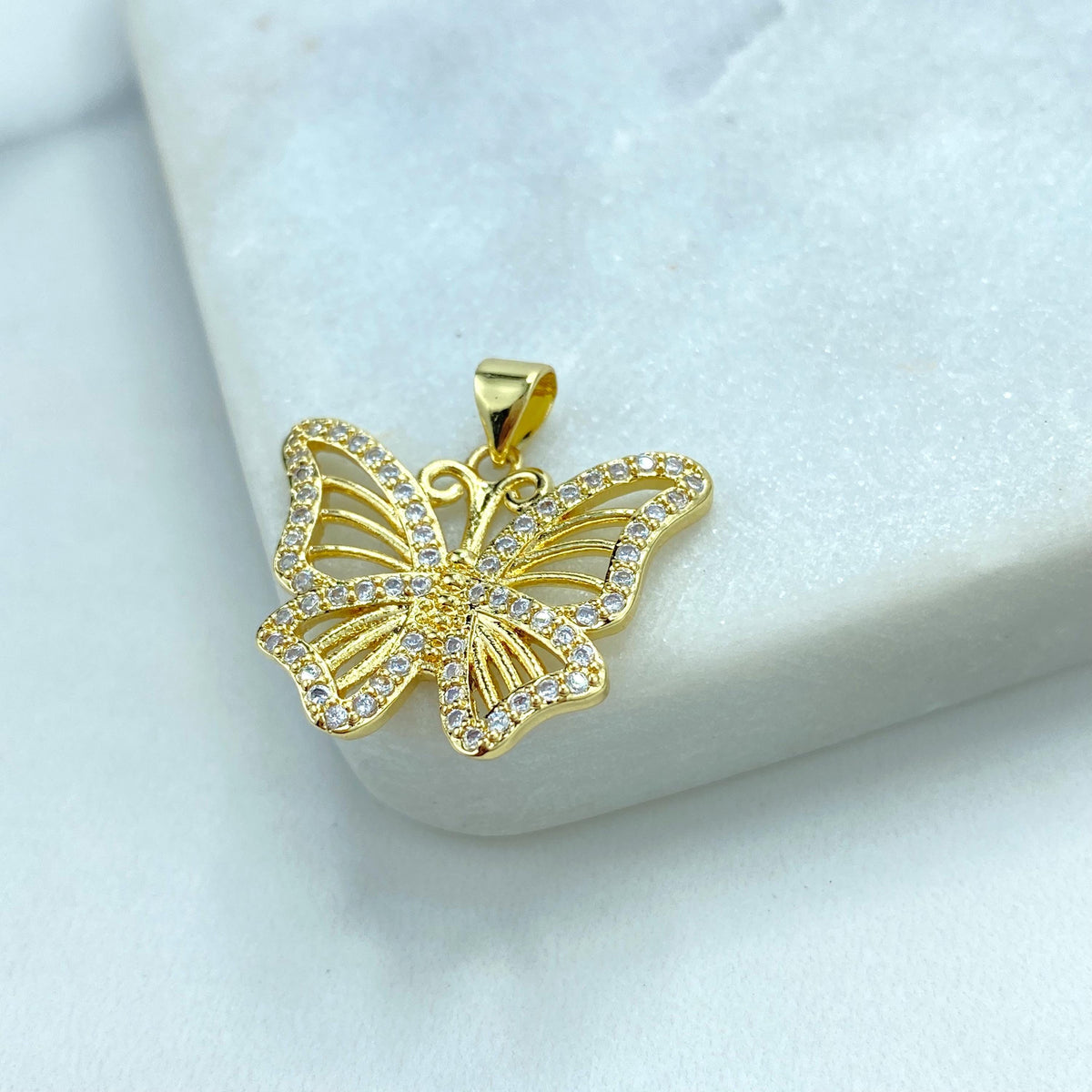 18k Gold Filled White Cubic Zirconia Butterfly Charm, DIY Butterfly Pendant, DIY Cutout Butterfly with CZ Charm, Wholesale Jewelry