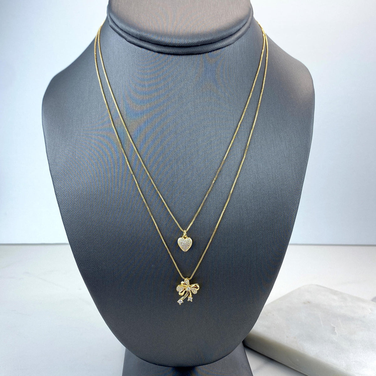 18k Gold Filled Double Necklace with Heart & Ribbon Bow Charm featuring Micro Pave, 17 inches and 19 Inches Long, Wholesale Jewelry