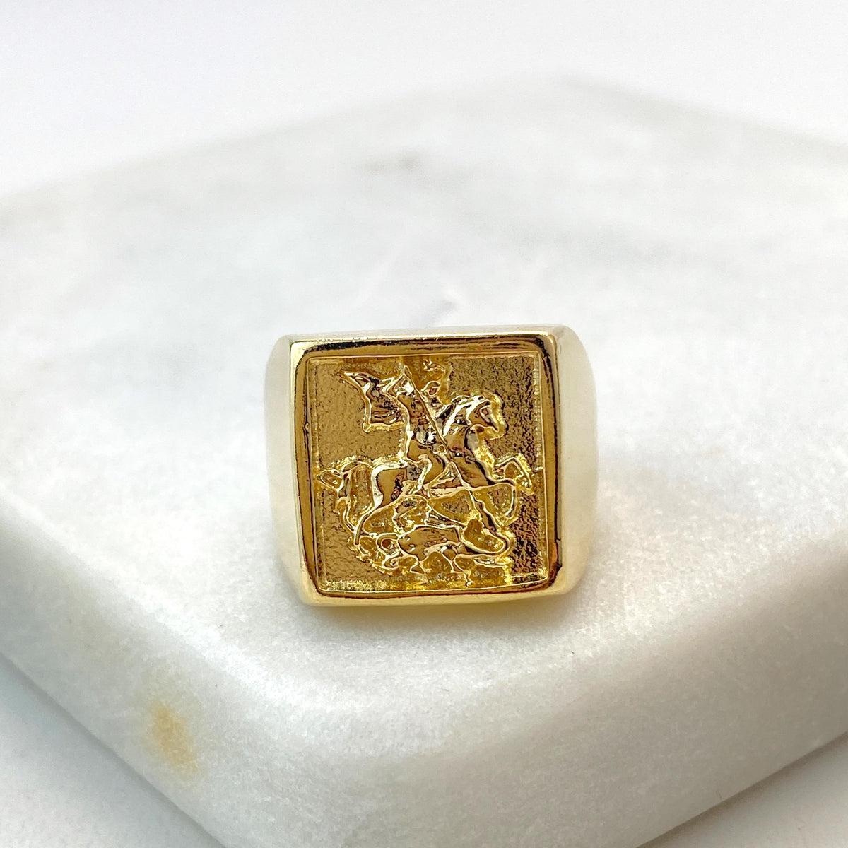 18k Gold Filled Saint George Slaying the Dragon Signet Ring, European Vintage Medieval, Men's Pinky Ring, Wholesale Jewelry