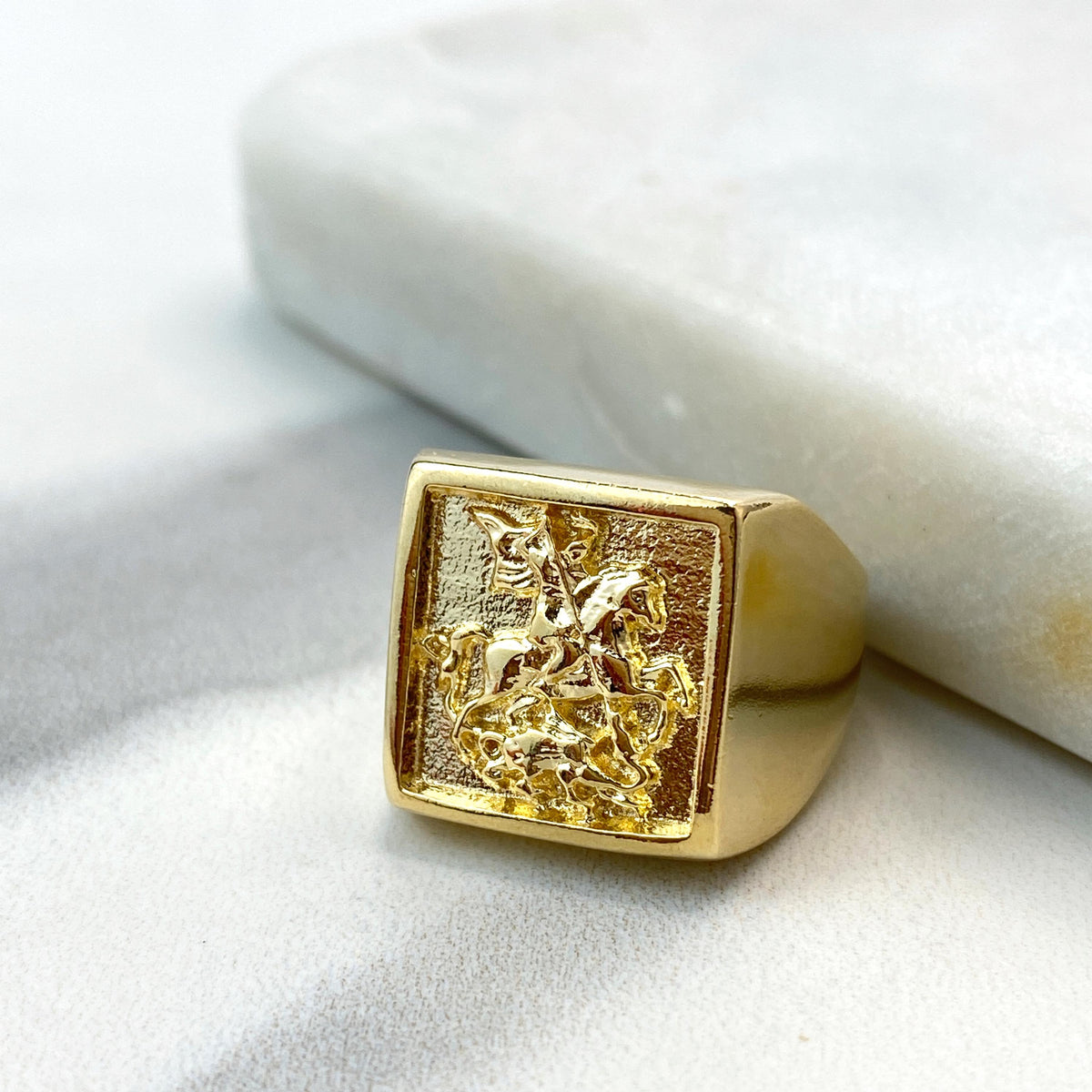 18k Gold Filled Saint George Slaying the Dragon Signet Ring, European Vintage Medieval, Men's Pinky Ring, Wholesale Jewelry
