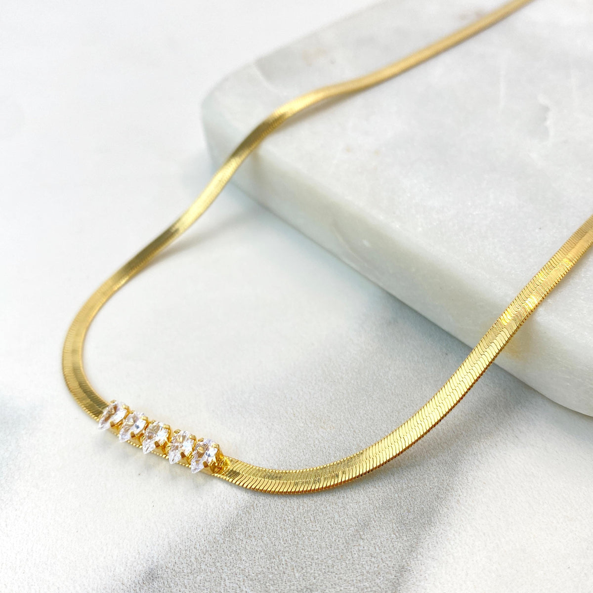 18k Gold Filled 3mm Herringbone Snake Chain with White Cubic Zirconia Details, Necklace or Bracelet with Extender, Wholesale Jewelry
