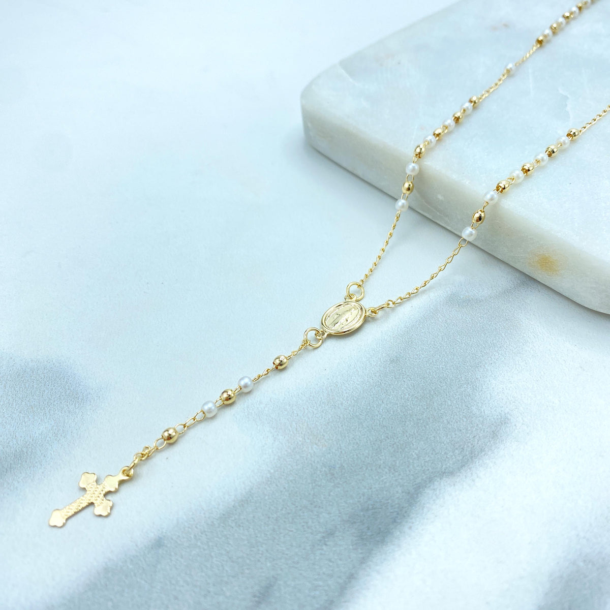 18k Gold Filled Simulated Pearls and Gold Beads Rosary with Miraculous Virgin Charm, Christian Catholic Rosary, Wholesale Jewelry