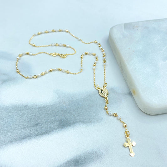 18k Gold Filled Simulated Pearls and Gold Beads Rosary with Miraculous Virgin Charm, Christian Catholic Rosary, Wholesale Jewelry