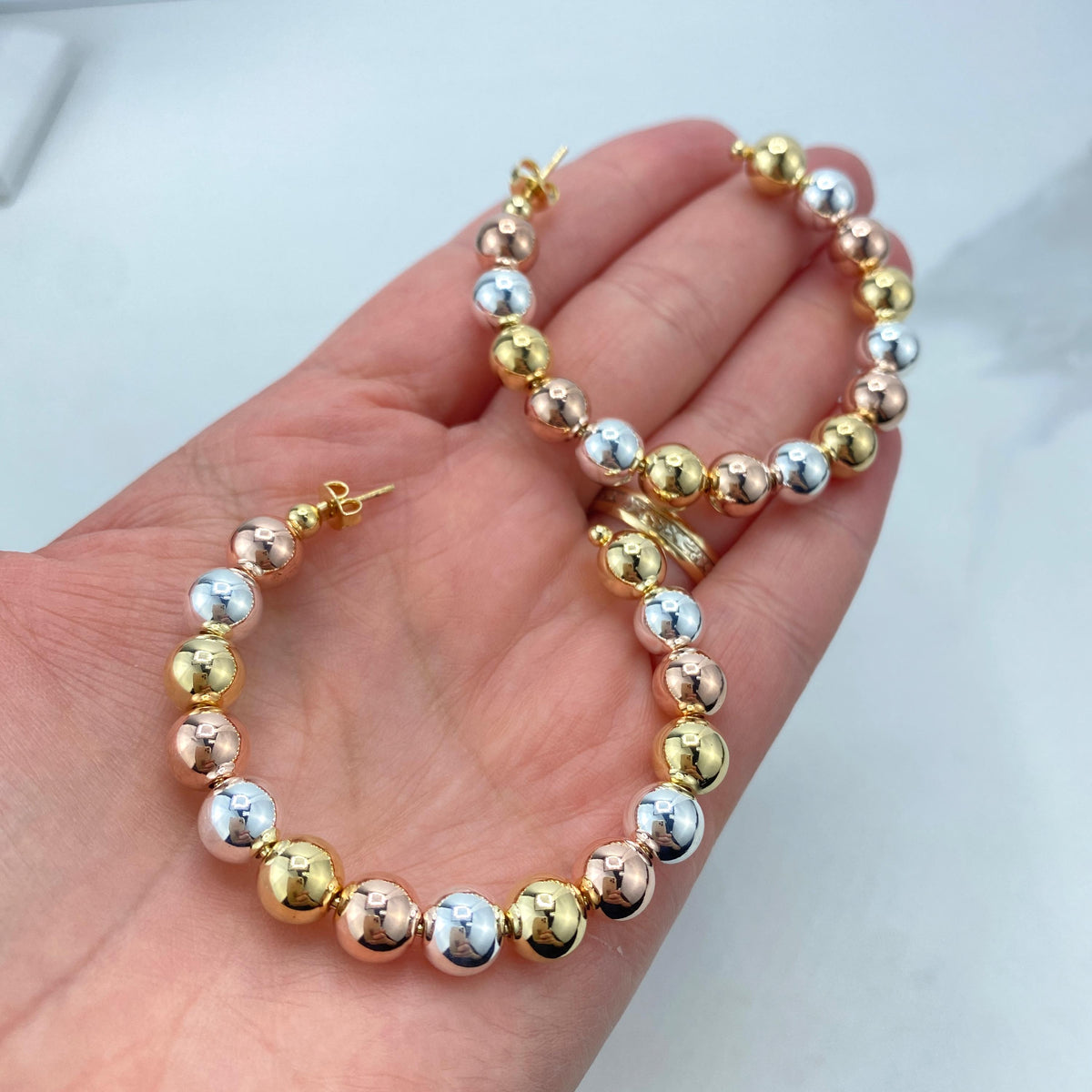 18k Gold Filled Tri-Tone Balls 55mm C- Hoop, Tricolor Gold Hoops, Classic Jewelry, Wholesale Jewelry