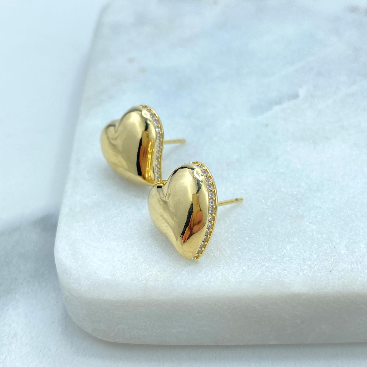 18k Gold Filled Polished Heart-Shaped Stud Earrings with a Micro Pave Cubic Zirconia Contour, Heart Earrings, Wholesale Jewelry