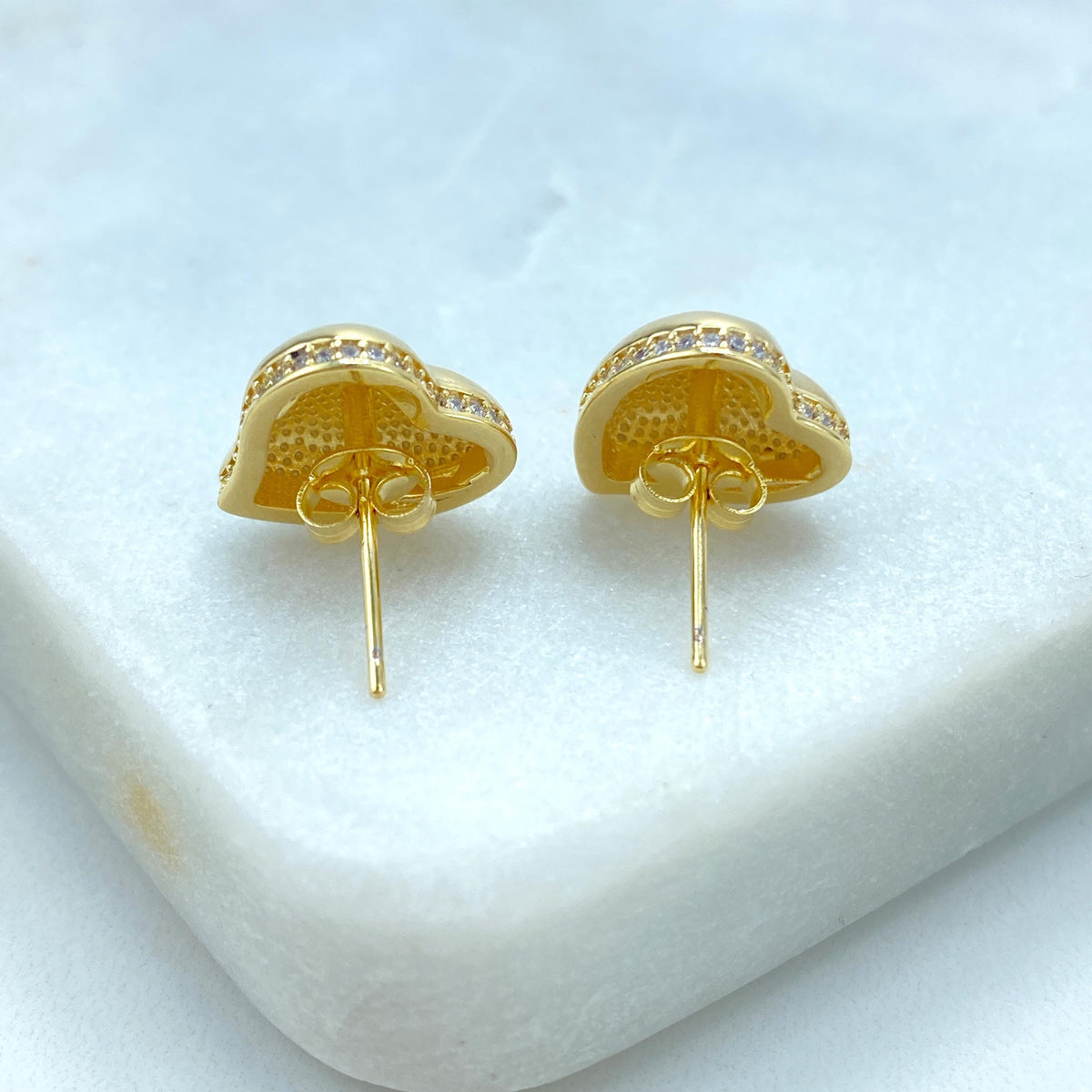 18k Gold Filled Polished Heart-Shaped Stud Earrings with a Micro Pave Cubic Zirconia Contour, Heart Earrings, Wholesale Jewelry