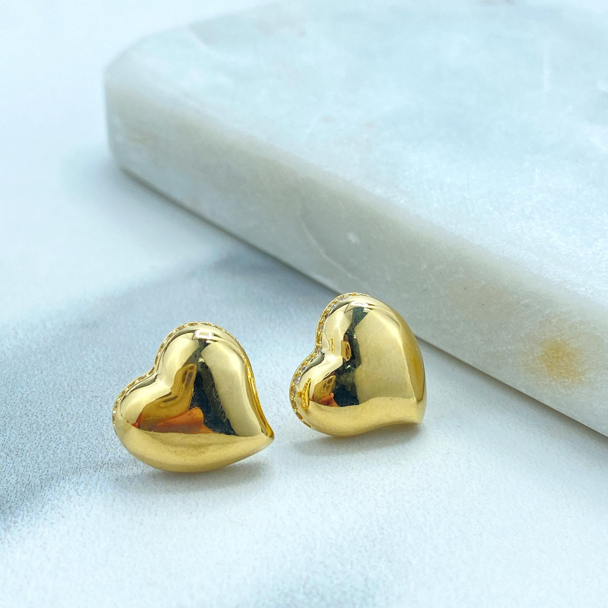 18k Gold Filled Polished Heart-Shaped Stud Earrings with a Micro Pave Cubic Zirconia Contour, Heart Earrings, Wholesale Jewelry