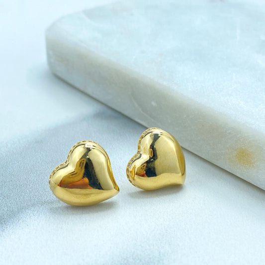 18k Gold Filled Polished Heart-Shaped Stud Earrings with a Micro Pave Cubic Zirconia Contour, Heart Earrings, Wholesale Jewelry