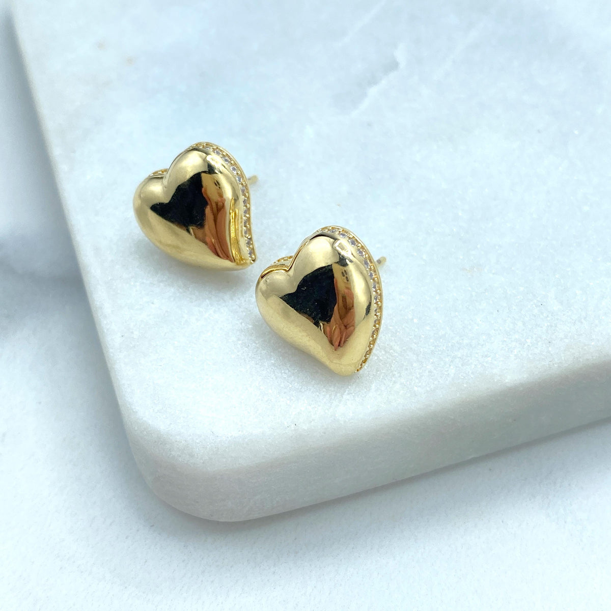 18k Gold Filled Polished Heart-Shaped Stud Earrings with a Micro Pave Cubic Zirconia Contour, Heart Earrings, Wholesale Jewelry