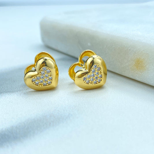 18k Gold Filled Petite Heart-Shaped Earrings featuring Front Micro-Pavé Cubic Zirconia and Cutout Back, Heart Earrings, Wholesale Jewelry