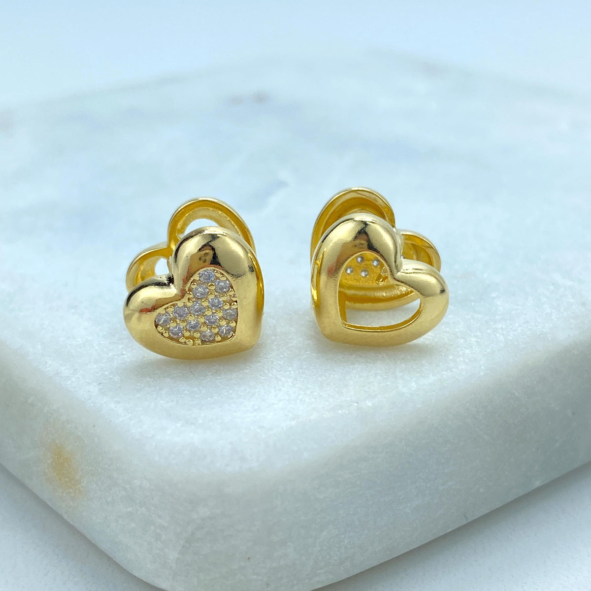 18k Gold Filled Petite Heart-Shaped Earrings featuring Front Micro-Pavé Cubic Zirconia and Cutout Back, Heart Earrings, Wholesale Jewelry