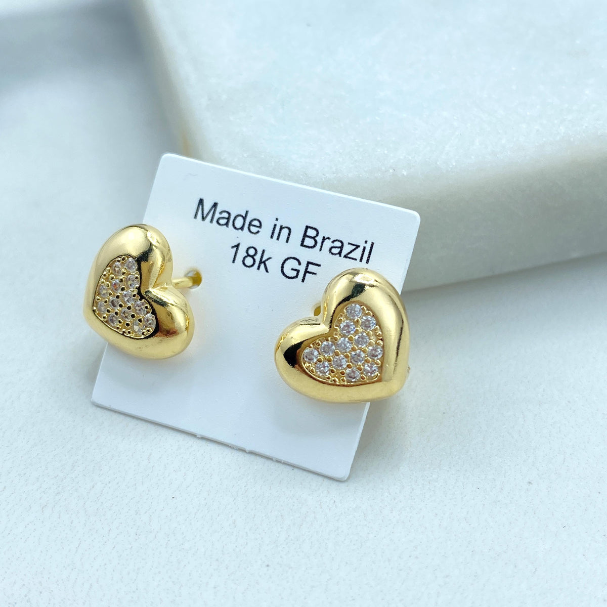 18k Gold Filled Petite Heart-Shaped Earrings featuring Front Micro-Pavé Cubic Zirconia and Cutout Back, Heart Earrings, Wholesale Jewelry