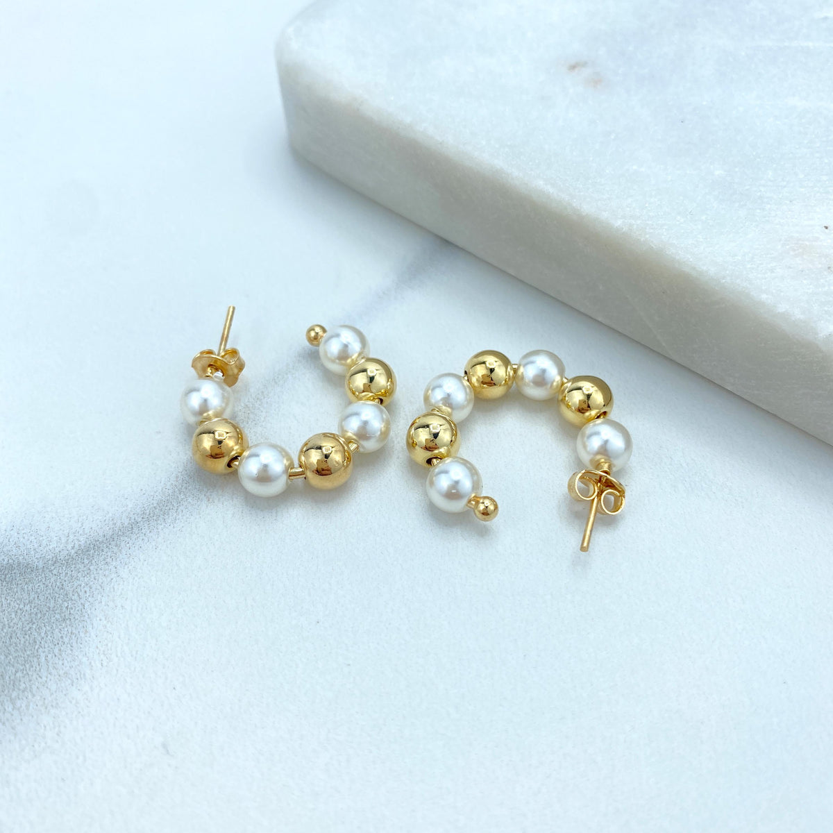 18k Gold Filled Open Pearl Beaded Hoop, Gold Beads and Simulated Pearl C-Hoop, 24mm, 35mm or 55mm Beaded Hoop, Wholesale Jewelry
