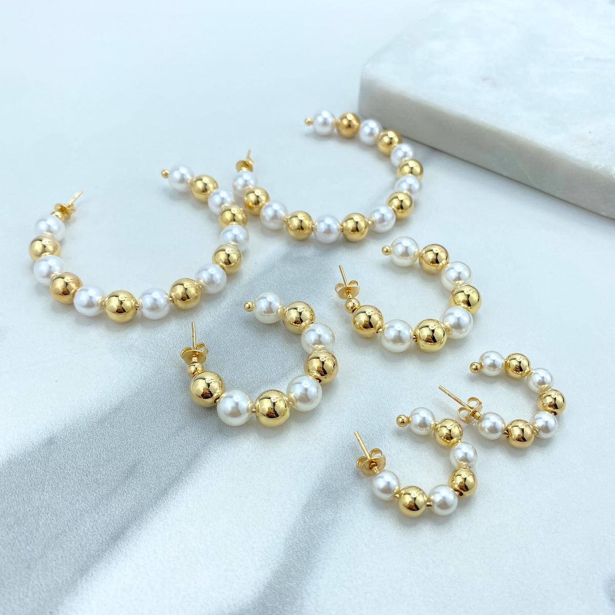 18k Gold Filled Open Pearl Beaded Hoop, Gold Beads and Simulated Pearl C-Hoop, 24mm, 35mm or 55mm Beaded Hoop, Wholesale Jewelry