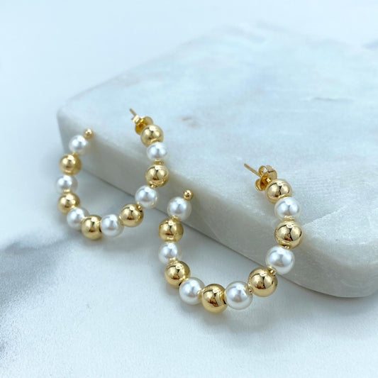 18k Gold Filled 6mm Thickness, Open Pearl Beaded Hoop, Gold Beads and Simulated Pearl C-Hoop, 34mm Beaded Hoop, Wholesale Jewelry