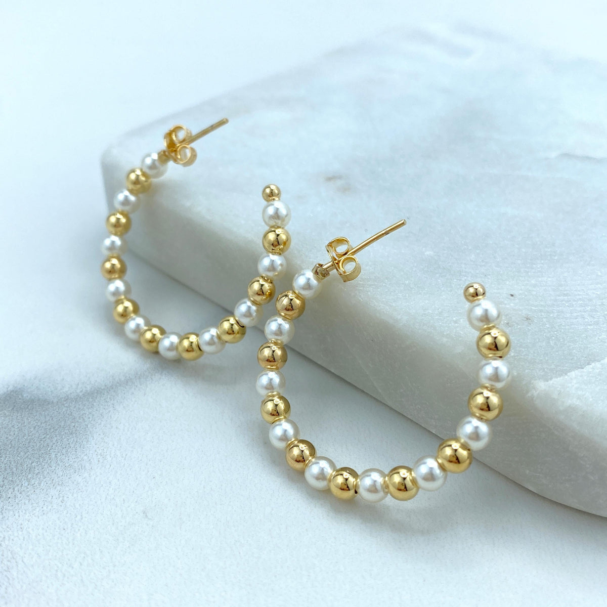 18k Gold Filled 4mm Thickness Open Pearl Beaded Hoop, Gold Beads & Simulated Pearl C-Hoop, 22mm or 32mm Beaded Hoop, Wholesale Jewelry