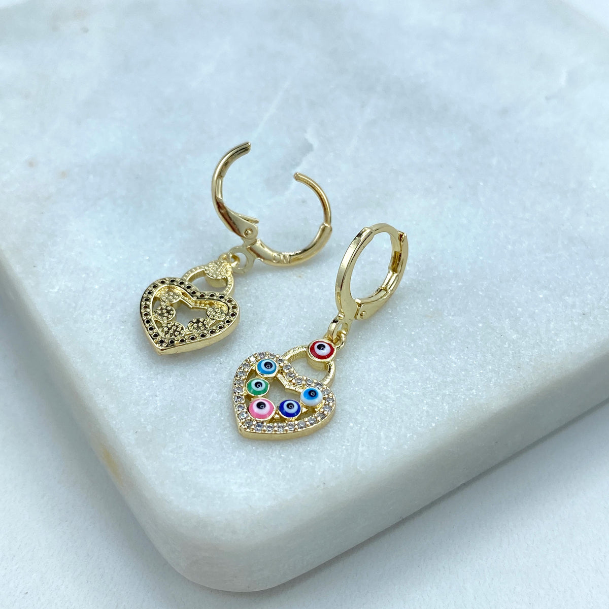 18k Gold Filled Huggie Earrings with Dangle Heart-Shaped Charm featuring Colorful Evil Eyes, for Luck and Protection, Wholesale Jewelry