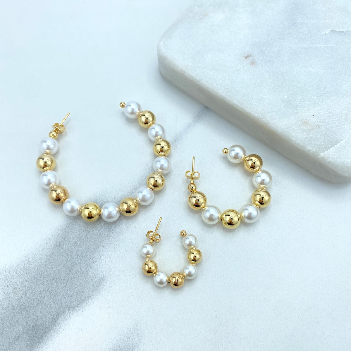 18k Gold Filled Open Pearl Beaded Hoop, Gold Beads and Simulated Pearl C-Hoop, 24mm, 35mm or 55mm Beaded Hoop, Wholesale Jewelry