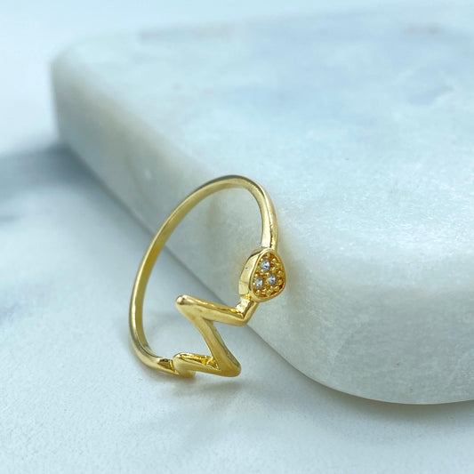 18k Gold Filled Heartbeat Line with Heart Ring, Micro Cubic Zirconia Heart with Heartbeat Line Thin Ring, Wholesale Jewelry