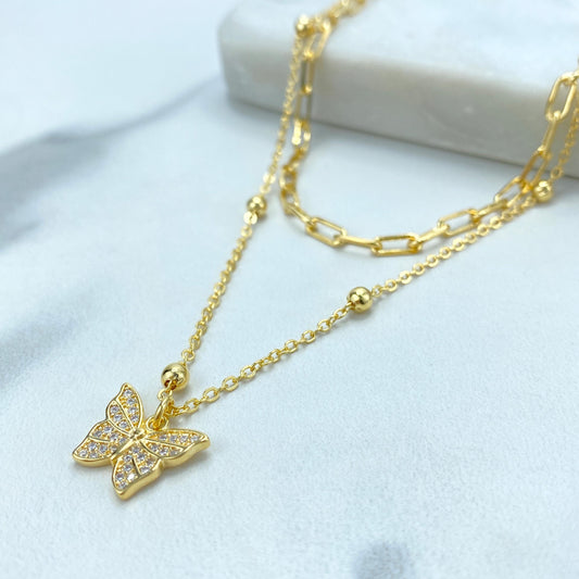 18K Gold Filled Double Necklace with Butterfly Charm featuring Micro Pave Cubic Zirconia, Paperclip 16" Satellit Chain 18" Wholesale Jewelry