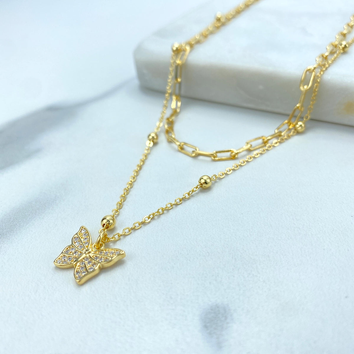 18K Gold Filled Double Necklace with Butterfly Charm featuring Micro Pave Cubic Zirconia, Paperclip 16" Satellit Chain 18" Wholesale Jewelry