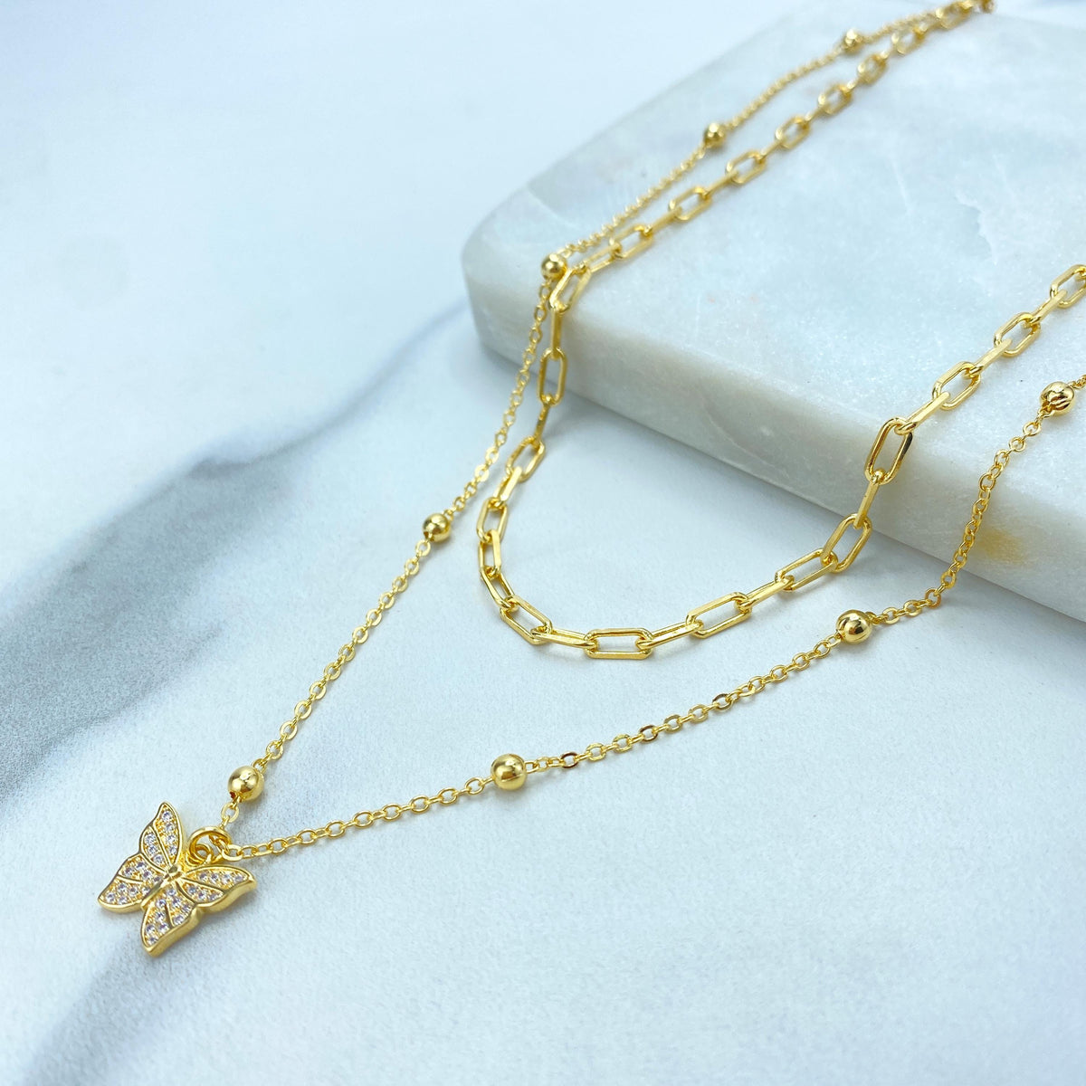 18K Gold Filled Double Necklace with Butterfly Charm featuring Micro Pave Cubic Zirconia, Paperclip 16" Satellit Chain 18" Wholesale Jewelry